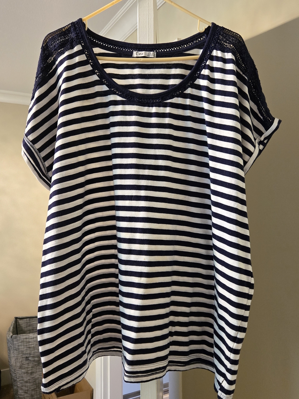 Dex Navy & White Striped Short Sleeve Top with Crochet Shoulders